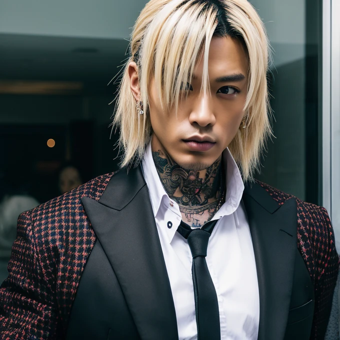 1 man, Japanese man, male, Asian eyes, muscular, broad shoulders, yakuza tattoos, hairstyle Visual Kei style, hair Visual Kei, black men's shirt and black pants, ultra detailed face, hyperrealistic, realistic representation, long hair, long hair, 30 years old, age 30 years, blond, blonde hair