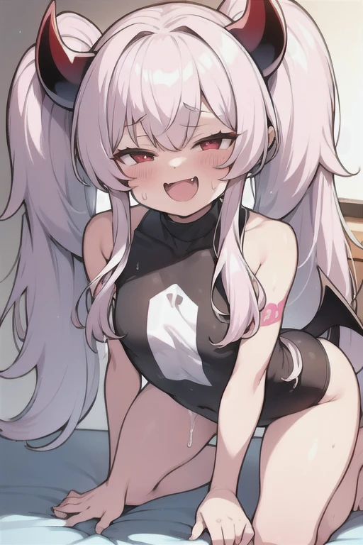 pretty girl、Young face、long silver Hair、long Twin tails、Pink eyeischievous face、Spoiled brat、Immature body、Small breasts、smile、Sweat、(Thick thighs:1.5)、very little demon horns and tail、red eyes、On all fours、Backwards、looking at viewer、sweat、pink tattoo on her abdomen、ハート型の眼、Open mouth、double teeth、fang、swim wear