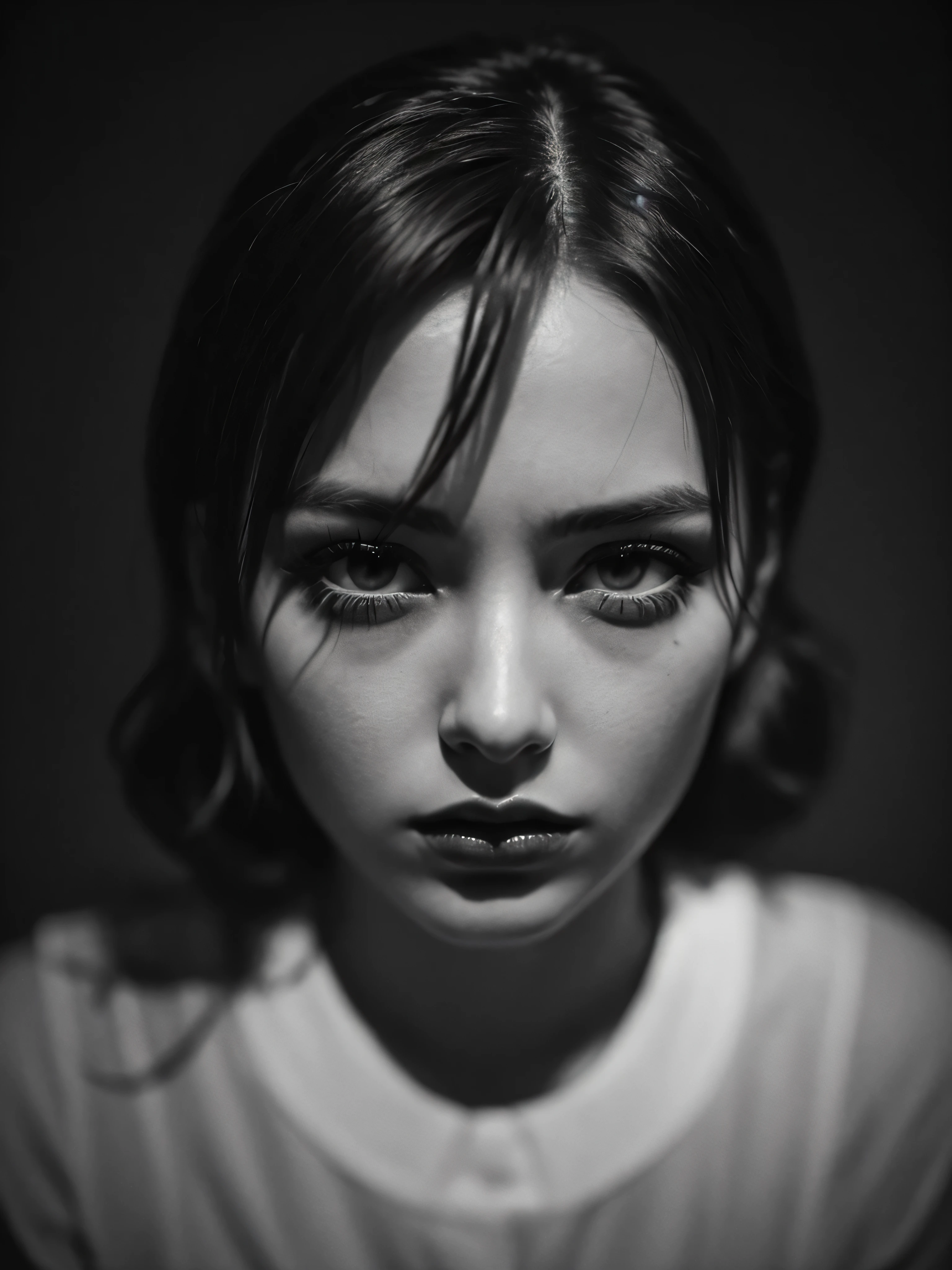 Photo noire et blanc, film noir style, Maginifique, 1fille, Seulement, demi-corps, Dramatic lighting, monochrome, high contrast, ombres dramatiques, 40s style, Mysterious, cinematic, Bright red lips