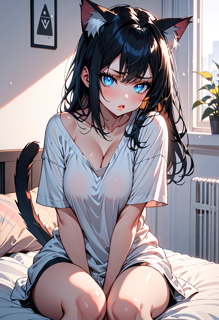 solo female, sitting on bed, oversized t-shirt, large breasts, young, blue eyes, slit pupils, straight long black hair, cat ears, cat tail, confused, morning, w sitting, very cute, curvaceous, close up, parted lips, cleavage, one bare shoulder, hugging knee, resting face on knee