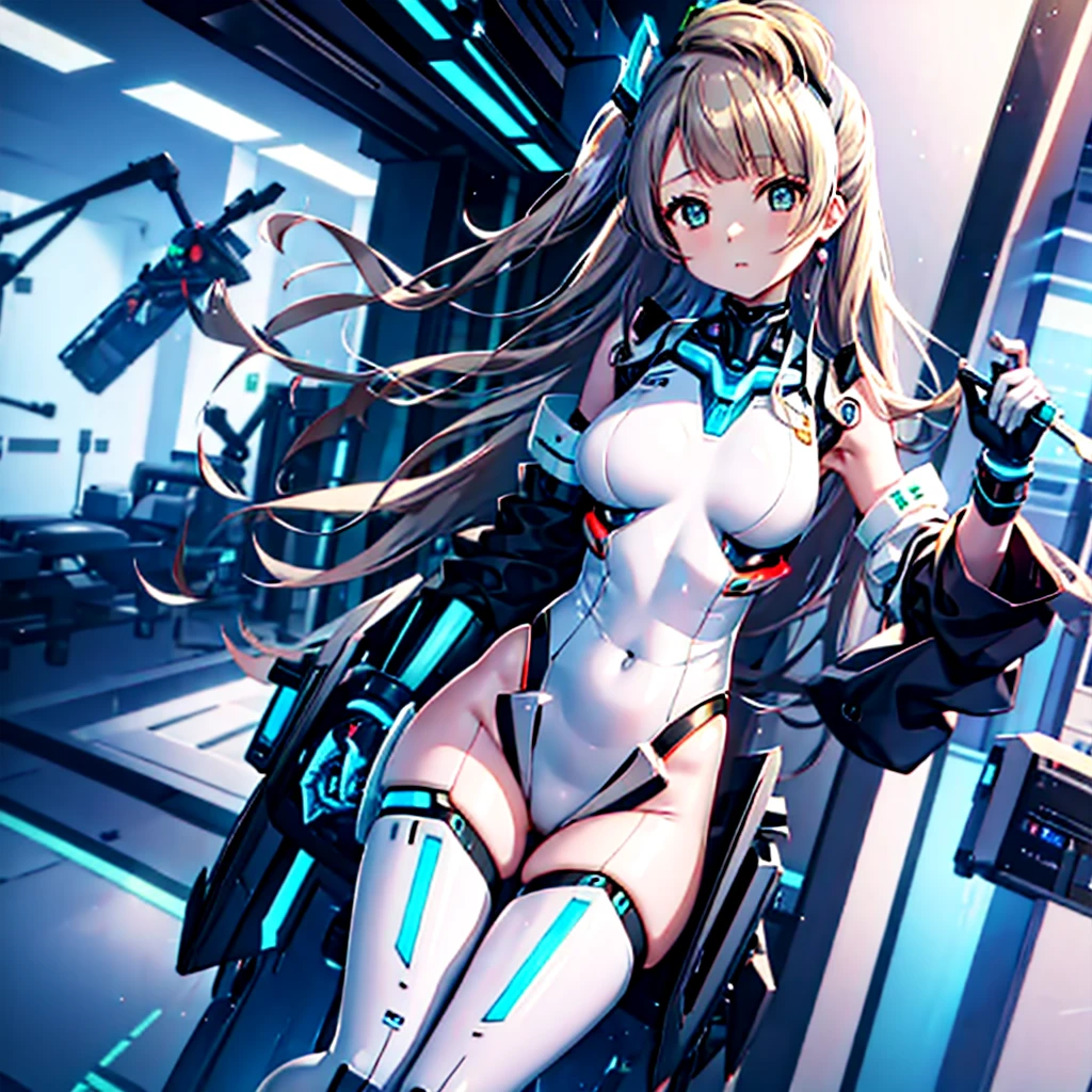 masterpiece, high quality, During the surgery to convert the machine、Minami Kotori, who has been turned into a mechanical body cyborg、Surgery to convert to a gynoid cyborg body with exposed mechanical parts、Blue and white leotard-type mechanical armor、The whole body from the neck down is precision-machined.、Single image、Full-body shot from the front