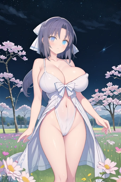 There is a girl standing in a field of flowers looking up at the sky, a girl standing in a field of flowers, a girl walking in a field of flowers, lost in a dream wonderland, standing in a field of flowers, fantastic digital painting, the sky is clearing little by little, the starry sky gradually recedes Senran Kagura yumi 8K, Best Quality, (photorealistic:1.4), raw photo, (curved body), (curved thighs), (huge breasts, perky breasts:1.4), 