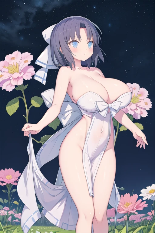 There is a girl standing in a field of flowers looking up at the sky, a girl standing in a field of flowers, a girl walking in a field of flowers, lost in a dream wonderland, standing in a field of flowers, fantastic digital painting, the sky is clearing little by little, the starry sky gradually recedes Senran Kagura yumi 8K, Best Quality, (photorealistic:1.4), raw photo, (curved body), (curved thighs), (huge breasts, perky breasts:1.4), 