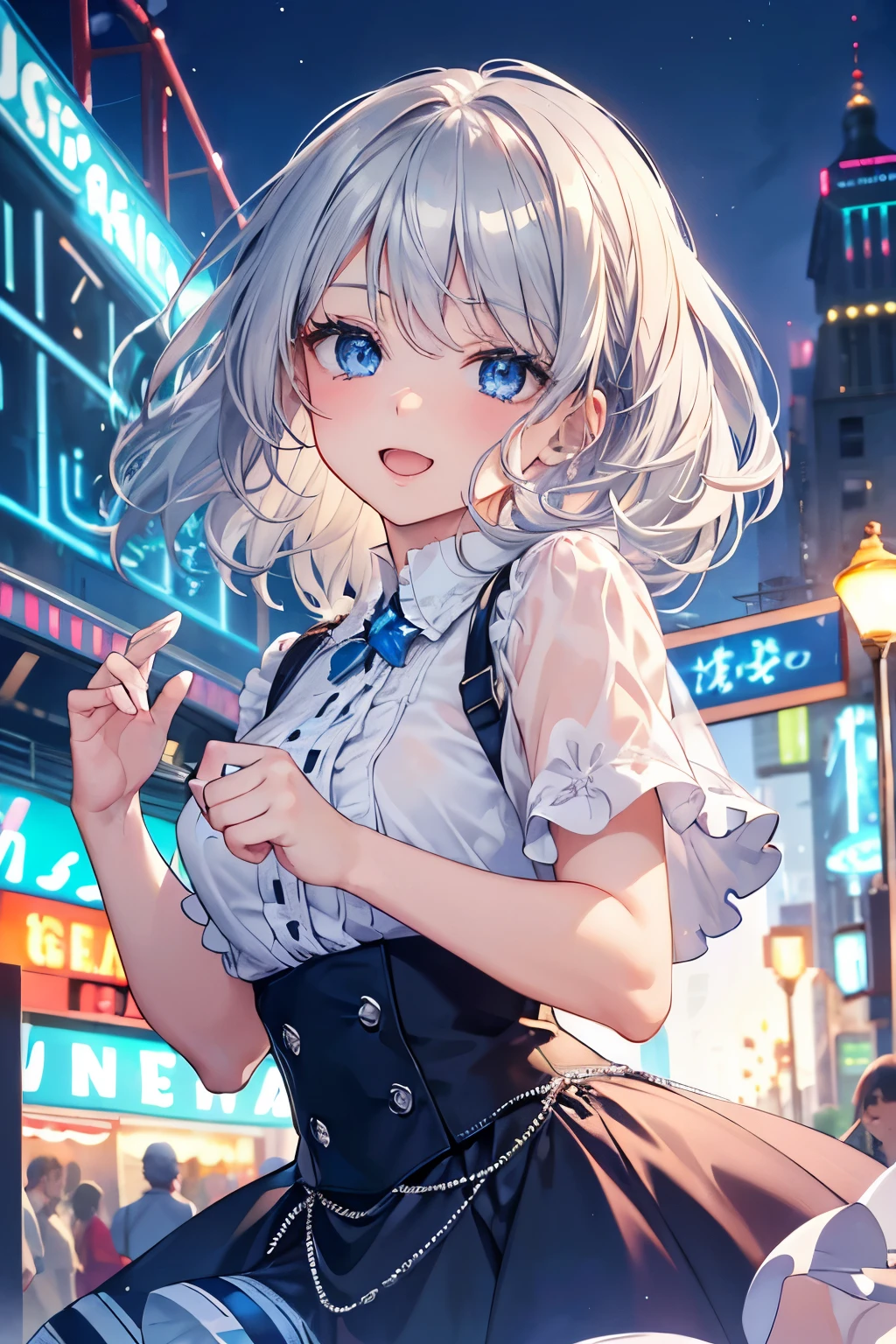 (Best quality,4K,8K,High resolution,Masterpiece:1.2),Super detailed,(Actual, Realistic),
break,
((Beautiful clear blue eyes:1.2)),very kind eyes,eyes wide open,beautiful eyelashes,beautiful lower eyelashes,
break,
((Beautiful and shiny silver hair:1.3)),A dazzling smile, a bursting smile, an open mouth laugh,
break,
Short sleeve bright green dress shirt with ruffles,
break,
very happily,((bust shot)),zoom in,illuminated amusement park