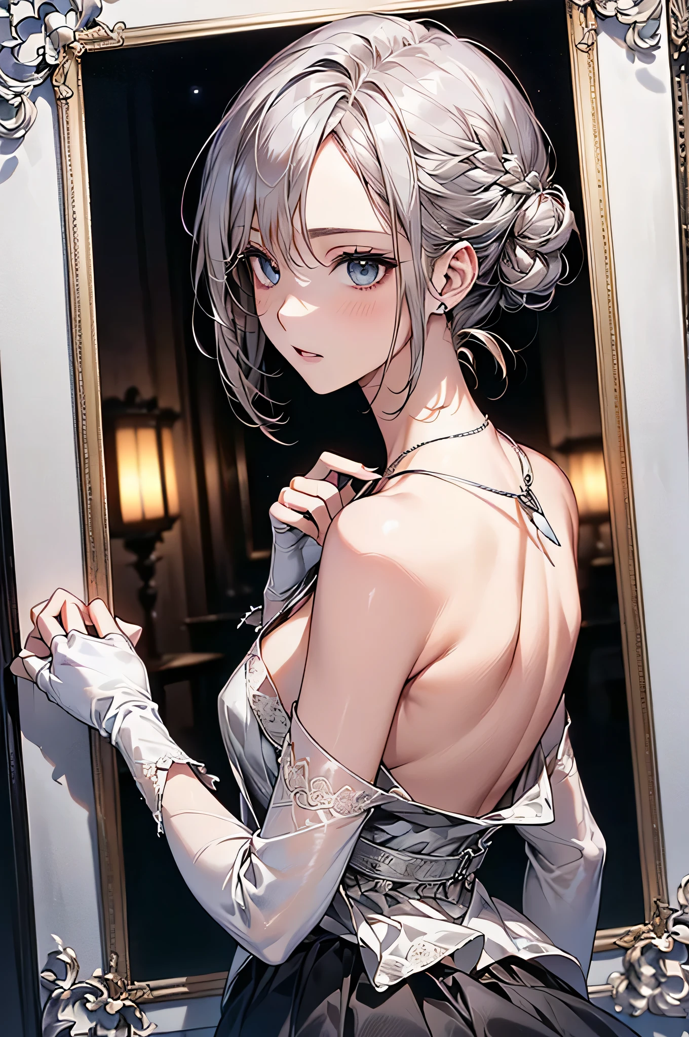 ((Biologically correct limb count))、(( Full-body photo including face))、4K、((Standing position))、masterpiece、((Focus on the face))、((Symmetrical facial features))、Eye for detailed depiction、Beautiful blue-haired woman、Excellent style、Beautiful clavicle、Beautiful feet、Beautiful Hands、Slender body、(stockings、garter belt、High heels)、Detailed depiction of the face、Small earrings、necklace、(No sleeve、Black and red gothic dress)、Lighting High Heels、tie、sunny、(((Photo frame with white border)))、Seductive posture、((She is sitting with her buttocks thrust back and her upper body arched, looking up.))、Looking at the night view、(Low - Angle、A camera angle that captures the inside of a skirt from below)、Silk gloves、(((Black Hair、Silver Hair)))、(((Moments of ecstasy)))、((Looking back))、Close-up photo of the upper body、
