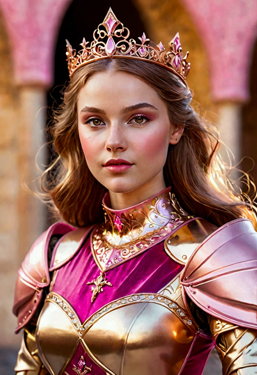 Realistic fair skinned woman in a pink gold and rose gold themed princess knight outfit