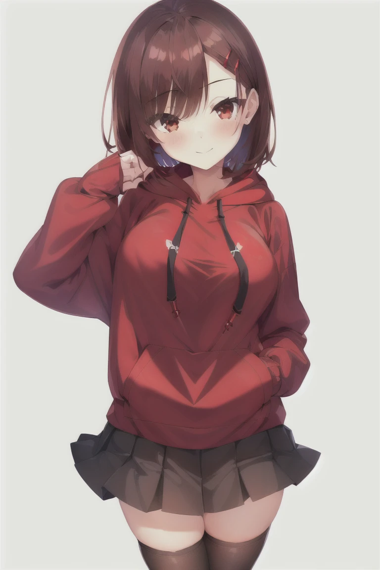 1girl,high_resolution,standing,simple_background,bangs,(red_hoodie:1.3),(black_pleated_skirt:1.35),bob_hair,brown_hair,独奏,black_skirt,blush,skirt,white_background,breasts,eyebrows_ass visible_through_hair,short_hair,smile,red_eyes,looking_at_viewer,thighhighs,long_sleeves,medium_hair,thighs,hair_ornament,hairclip,medium_breasts,shoes,zettai_ryouiki,hood,hoodie,sneakers,brown_legwear,feet_out_of_frame,hood_down,sleeves_past_wrists,drawstring,red_hoodie,expensive_solve, clear_image, expensive_Contrast, 8k, Sparkling, beautiful_detailed_face_and_eye, (Brown Hair:1.25), 白 eye,White background,White background