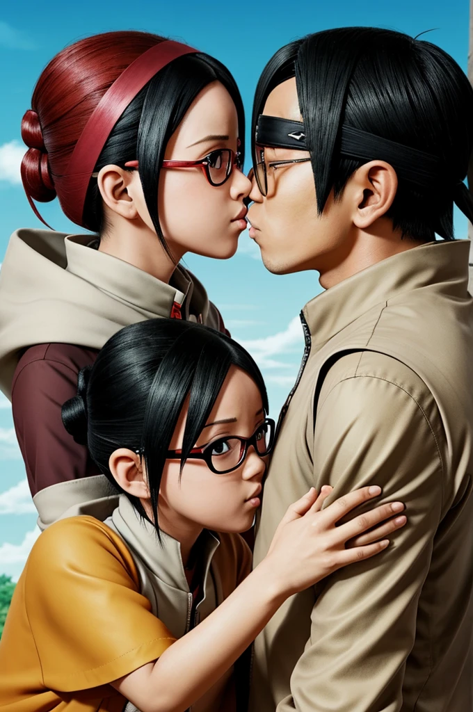 An image of Boruto Uzumaki and Sarada Uchiha kissing on the lips.