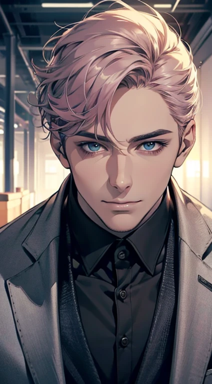 (best quality,4k,8k,highres,masterpiece:1.2),ultra-detailed,(realistic,photorealistic,photo-realistic:1.37),1 man,31 years old,mature man,very handsome,without expression,smile,short grey pink hair,blue eyes,penetrating gaze,perfect face without errors,imposing posture,businessman,office background,cinematic lighting,hdr image