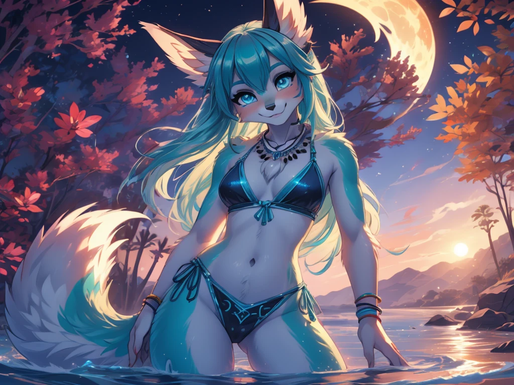 Miku Hatsune, cuerpo aqua&blanco add_detai:1, peludo, orejas de kitsune,((piersings)), arete en el ombligo, tatuajes tribal add_detail:1, ropa tribal, paisaje de playa, Eclipse, sensual swimsuit, hincada en la playa, cara sonrojada, feliz, happy girl. Blue intense eyes, most beautifull blue deep eyes, magic girl add_detail:1