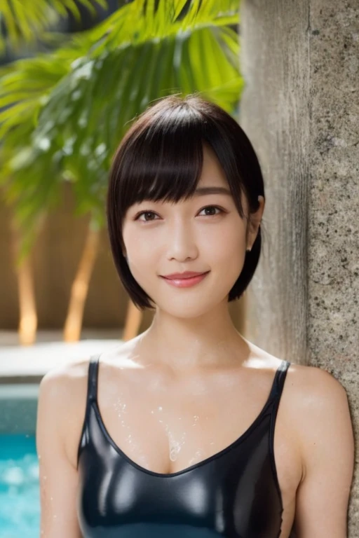 (Best Quality, 8k, Masterpiece: 1.3), Gorgeous Woman, 1 Girl, (黒 One-Piece Swimsuit: 1.2) (Skinny, Healthy, Perfect Body: 1.2), abs: 1.1, Dark Brown Hair: 1.1, (Rain Wet, Wet Body: 1.2), (Night Pool Room: 1.6) Ultra-detailed face, detailed lips, detailed eyes, double eyelids　pubic hair tanned skin　Short Bob　Trimmed bangs, shy smile