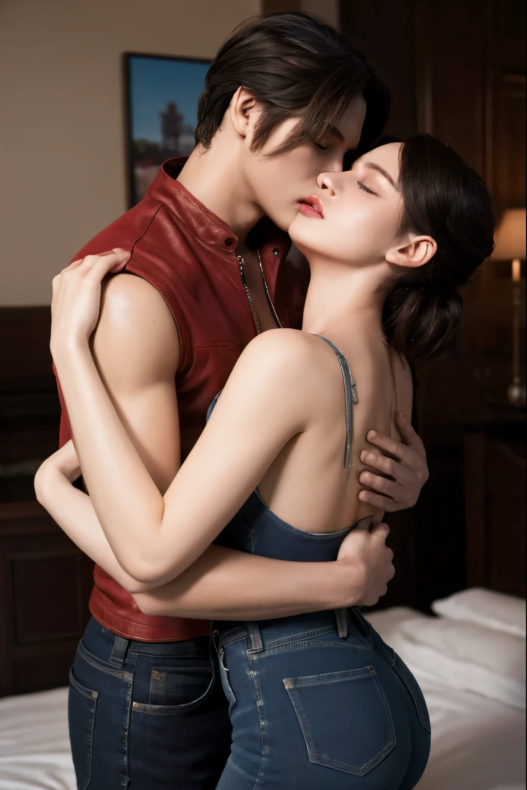 (masterpiece quality), 1girl and 1man Leon, kiss and hug, claireredfield2, wear jeans, side view, sleep on bed