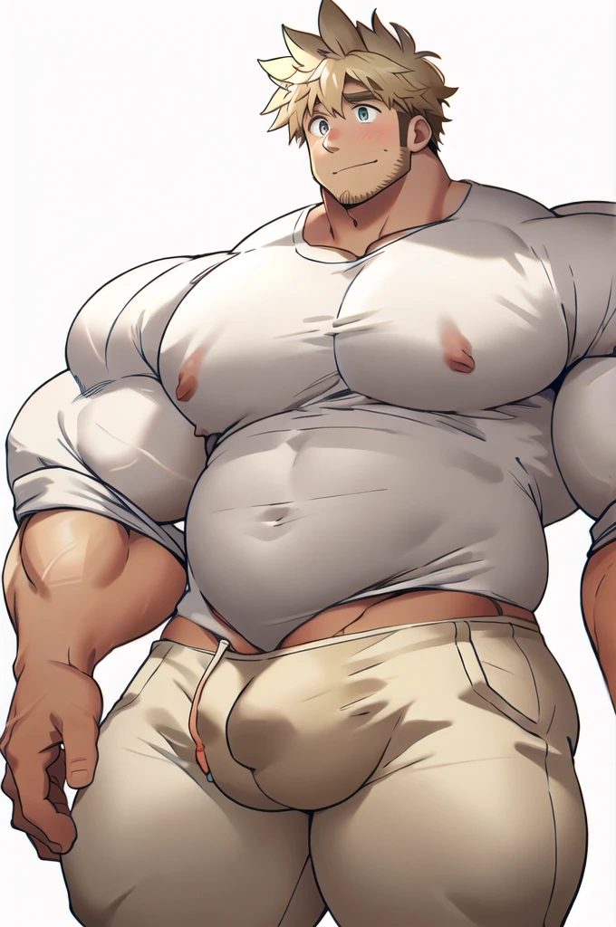 1man,masterpiece best quality, Chubby, Belly, Round face, from front, messy hair, nipples, giant bulge, blond, Casual clothes, Simple white background