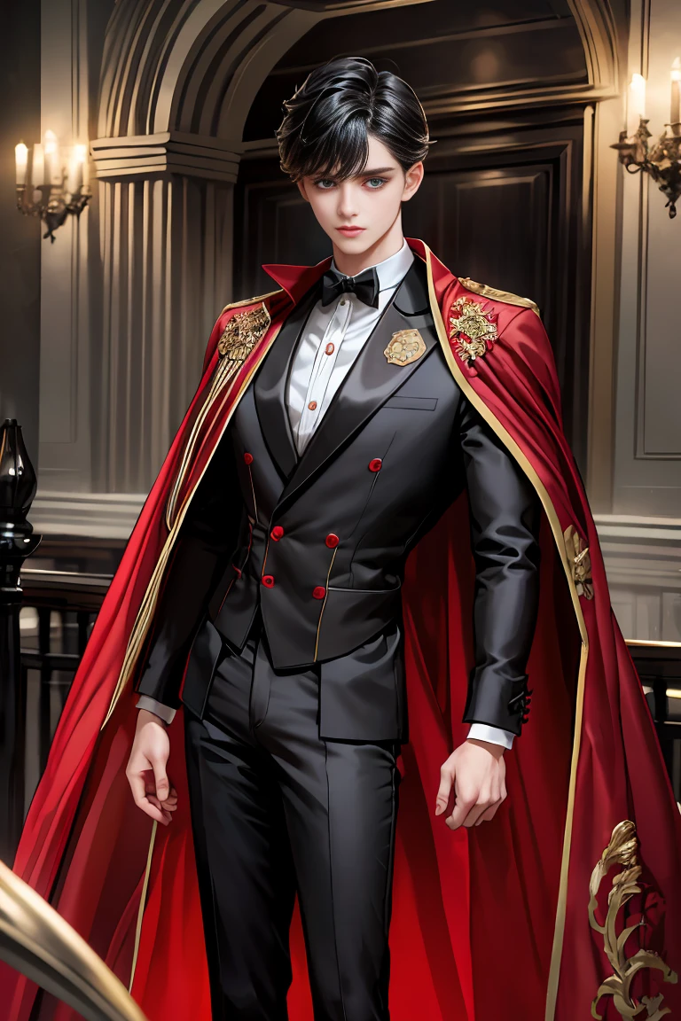 
masterpiece, 最high quality, high quality, 1 boy, alone, Male focus, Watching the audience,  Messy black hair, Adorable big blue eyes, White, Noble, Noble,A black and red cape that is bursting with sexy volume、Tuxedo、A very voluminous, large, very large, very large, long, long red and black cape with a high stand-up collar, made of a lot of fabric that reaches down to the floor., 17 years old,Cute beautiful boys,Cute, cute, kind, handsome guy