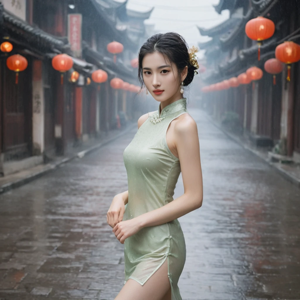 raw photo, realistic, LIU Yifei wears thin wet transparent qipao, light smile, (extreme detailed face, detailed skin), slim body, tight waist, thin thighs, thin legs, huge round breasts, pearl earrings, long ponytail hairstyle, silk bandeau, thin wet stockings, show thighs, show feet, full body shot, kungfu pose on street, soft lights on face, dusk, light rainy, warm tone.