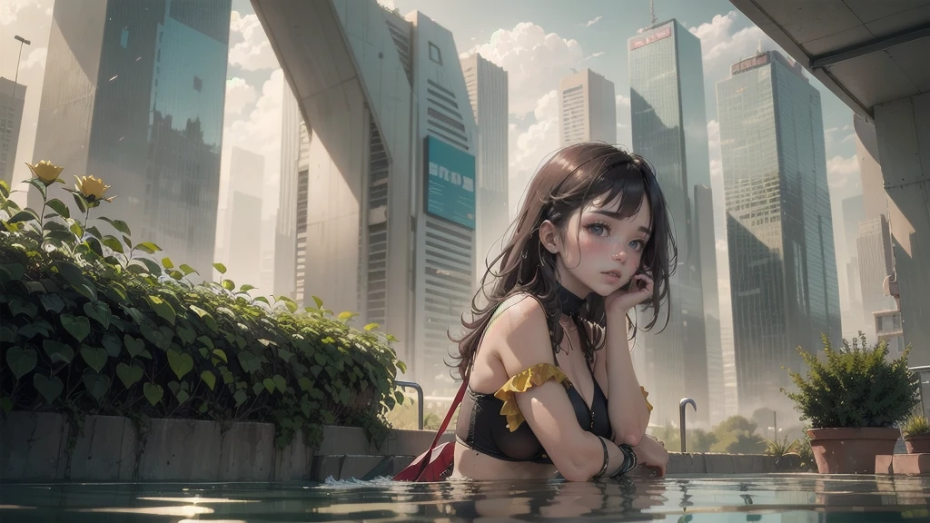 Extensive illustration in a realistic style, Two worlds are connected in one picture: In the foreground I see the most surreal and breathtaking place on earth, A young one woman is sitting very beautifully in a huge rose garden, A young woman is sitting over a rose by the pool, the rose glows with a bright yellow light, a beautiful reflection in the water, A young woman is looking at a bright yellow rose, amazing nature around, A young woman is tired of the bustle of the city, she is resting in a huge space of roses and nature, the time of day is early morning, sparks of magic are flying in the air. In the background on the horizon is a modern metropolis with alien high-rise buildings,, high-rise buildings, bustle and flying cars, smog, fog and sadness over the city, cinematic, dreamy, ethereal, ultra-detailed, Strong contrast, Good depth of field, 8K wallpaper, Masterpiece, Aesthetic illustration in realistic style, Bioliminality, lots of yellow and gold