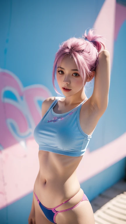 A young girl pink-blue hair wearing a blue short top and micro pantys, girl portrait, realistic art style, 8k high quality detailed art, beautiful digital artwork, pink girl, anime rich colored, Kawaii realistic portrait ,beautiful breasts, medium breasts, seductive figure, full body photo ,upper body, dynamic poses, lighting studio ,graffiti art patterns background