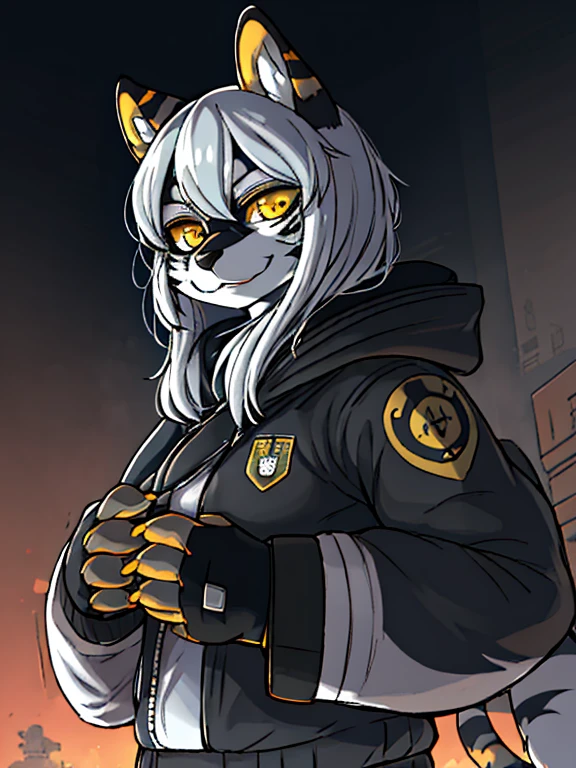 женщина anthro furry tiger ,absurdity, a high resolution, ultra detailed,
1 girl,oversized hooded jacket,whole body,
 Original character,girl,gray hair,yellow eyes,shoulder-length hair, complex black mask, military general, {Best quality}}, {{masterpiece}}, {{ultra detailed}}, {illustration}, {detailed light},
Nuclear fusion