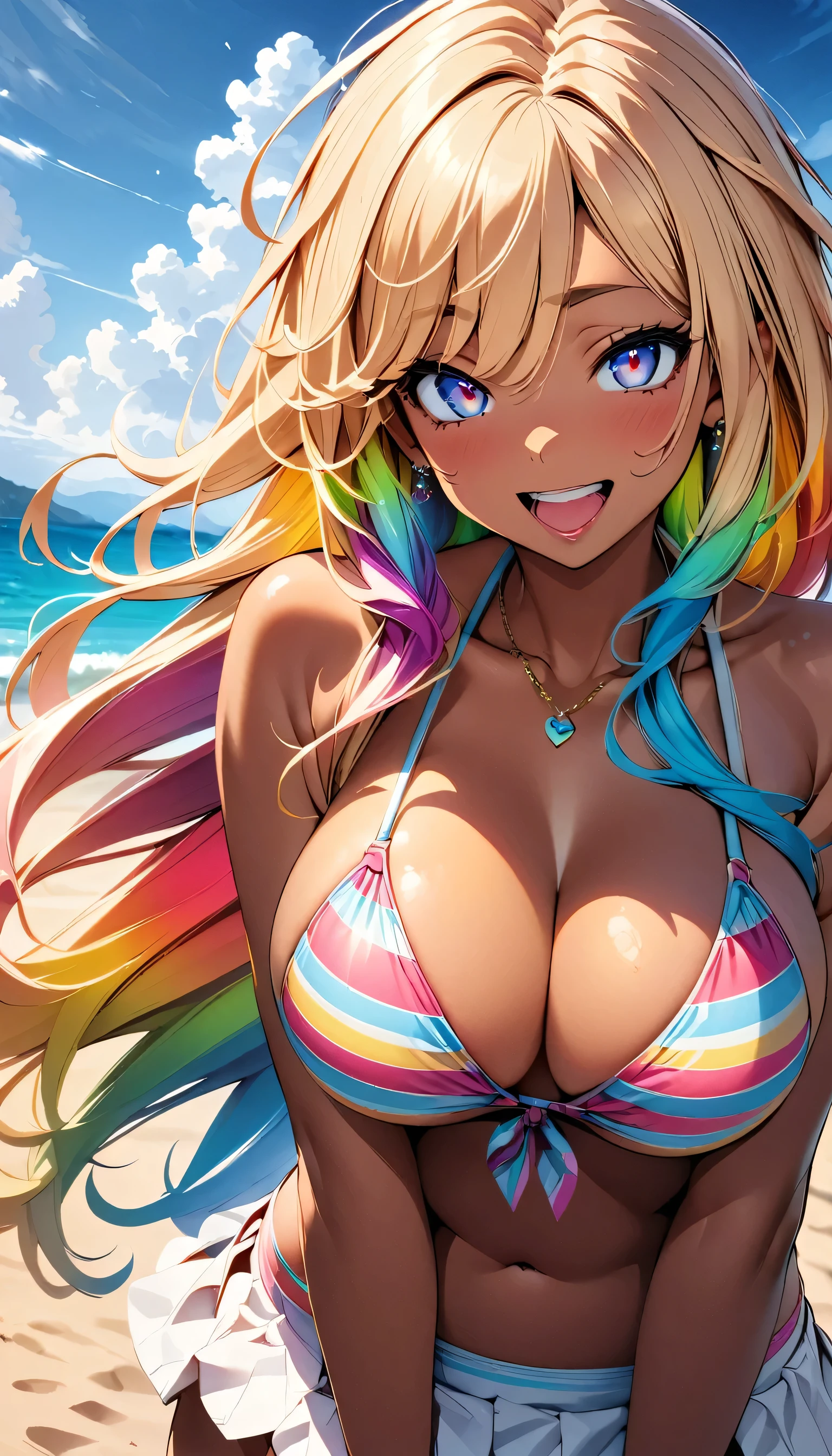 (best quality), (very aesthetic), (ultra-detailed), (best illustration), gal, gyaru, solo, dark skin, Rainbow hair,long hair, messy hair, randomcolor eyes, large breasts, candy striped Bikini, on the beach, laugh with open mouth