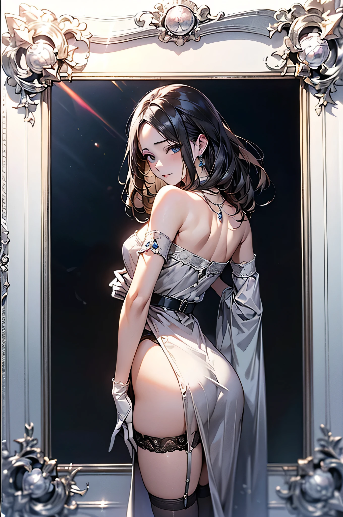 ((Biologically correct limb count))、(( Full-body photo including face))、4K、((Standing position))、masterpiece、((Focus on the face))、((Symmetrical facial features))、Eye for detailed depiction、Beautiful blue-haired woman、Excellent style、Beautiful clavicle、Beautiful feet、Beautiful Hands、Slender body、(stockings、garter belt、High heels)、Detailed depiction of the face、Small earrings、necklace、(No sleeve、black red gothic dress)、High heelsに(((Photo frame with white border)))、Seductive posture、Looking at the night view、(Low - Angle)、Silk gloves、(((Black Hair、Silver Hair)))、(((Moments of ecstasy)))、((Looking back))、Close-up photo of the upper body、