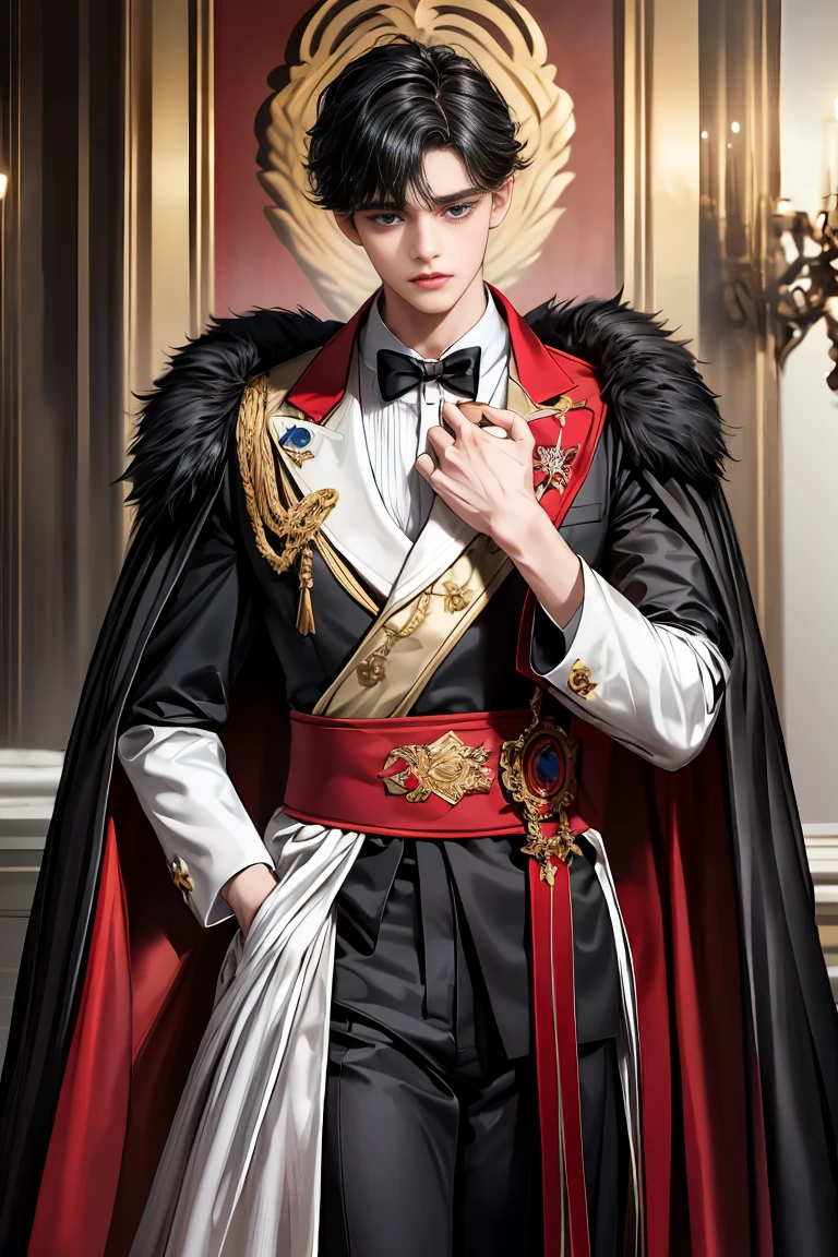 masterpiece, 最high quality, high quality, 1 boy, alone, Male focus, Watching the audience, Messy black hair, Adorable big blue eyes, White, Noble, Noble,A black and red cape that is bursting with sexy volume、Tuxedo、A very voluminous, large, very large, very large, long, long red and black cape with a high stand-up collar, made of a lot of fabric that reaches down to the floor., 17 years old,Cute beautiful boys,Cute, cute, kind, handsome guy