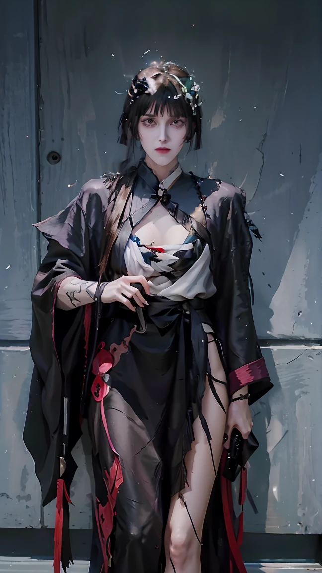 (masterpiece), best quality, Expressive eyes, Perfect face, HD, Benissato, Meinoichi, Snake tattoo, She is a tall and mature woman.，fit，Curved，Long legs，Long arms, Even though she is a ninja herself, Benissato has the appearance of a beautiful and seductive geisha, She has porcelain skin.，Her long black hair was tied into a bun with a hairpin and a traditional comb.。, Benissato is covered in serpent tattoos that come alive when she uses her powers and will usually appear naked during a battle to throw off her male victims, She is wearing a traditional Japanese geisha robe, whole body, Pants, Long sleeve, Vest, sandals, kimono, dividend, Snake Paranormal 