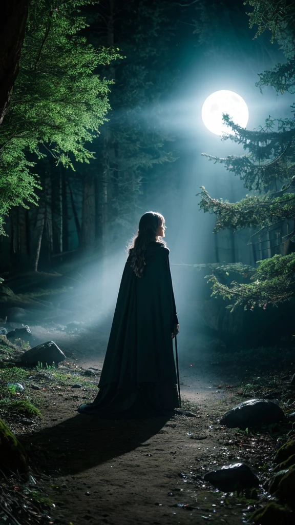 A powerful and mysterious witch standing in a dark, enchanted forest. She wears a flowing black cloak adorned with silver runes and holds a glowing staff. Her eyes gleam with magic as she casts a spell, causing the air around her to shimmer. The forest is filled with twisted, ancient trees, glowing mushrooms, and swirling mist. In the background, a full moon illuminates a gothic tower, adding to the eerie atmosphere.