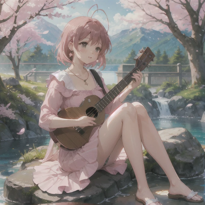 detailed illustration, masterpiece, natural lighting, midday, digital artwork, extremely detailed, cute dress, extremely detailed clothes, forest background, bushes, cherry trees, noon, dusk, spring, fall, natural lighting, girl, perfect anatomy, detailed eyes, blush, small breasts, messy hair, necklace, earrings, legs in pool, wet legs, a lot of small clouds, sitting on rock, pink leaves on ground, mountains in the back, furukawa_nagisa_clannad, playing ukulele, pink under wear, pink panties,pink hair, cherry blossom tree background,playing ukulele, white cat touching her