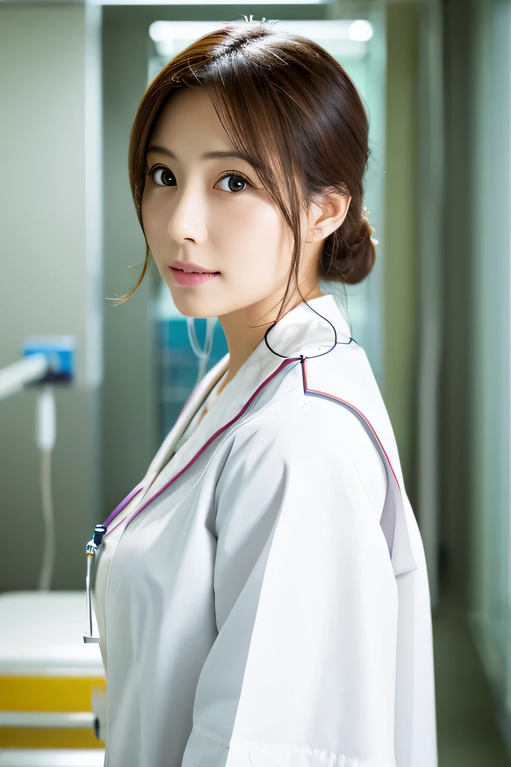 Photorealistic, high resolution, High resolution,Japan Beautiful Nurse, White Lab Coat, hospital, ward
