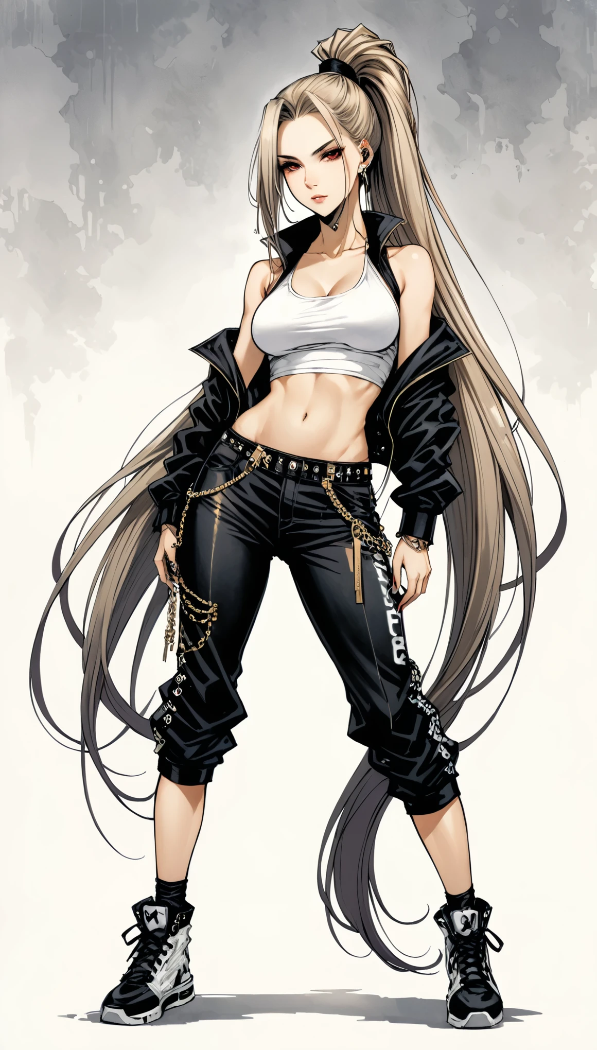 in style of Santiago Caruso,in style of Mike Azevedo,1girl,Hip-hop style costumes,High Ponytail,Unbelievably long hair,cowboy shot,,looking at viewer,Lean forward