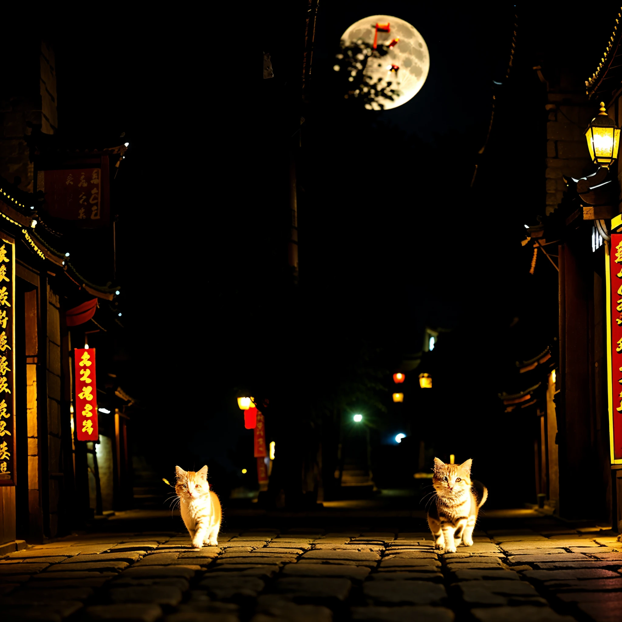 Western Han Dynasty Ancient City,Ancient buildings,A special effects kitten,A kitten walks on the street of Xihan,night,Bustling old city,A moon,Brightly lit