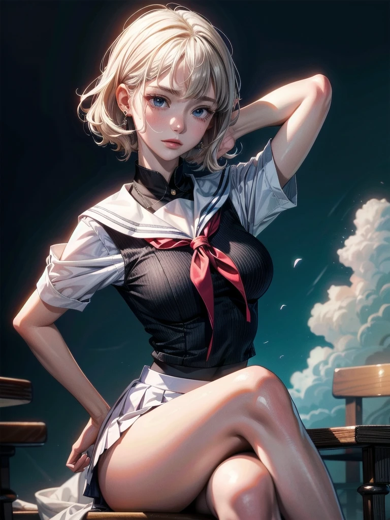 sailor school_uniform, arms behind head, cross-legged, absurdres, RAW photo, extremely delicate and beautiful, masterpiece, Best Quality, ultra high resolution, 32k, hyperrealistic, ultra-detailed, detailed description, pale skin, 20 years old, tearful mole, earring, Colossal tits, short medium hair, wavy hair,脇をみせて、濡れている脇