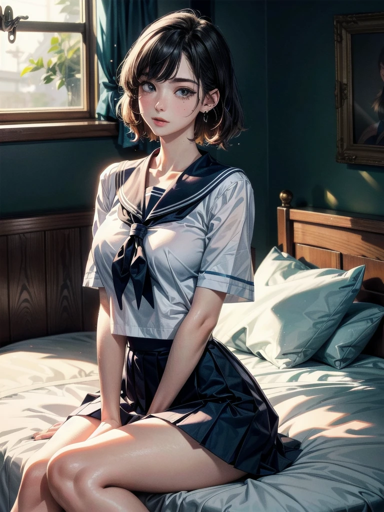 sailor school_uniform, arms behind head, cross-legged, absurdres, RAW photo, extremely delicate and beautiful, masterpiece, Best Quality, ultra high resolution, 32k, hyperrealistic, ultra-detailed, detailed description, pale skin, 20 years old, tearful mole, earring, Colossal tits, short medium hair, wavy hair,