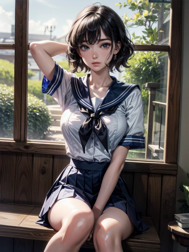 sailor school_uniform, arms behind head, cross-legged, absurdres, RAW photo, extremely delicate and beautiful, masterpiece, Best Quality, ultra high resolution, 32k, hyperrealistic, ultra-detailed, detailed description, pale skin, 20 years old, tearful mole, earring, Colossal tits, short medium hair, wavy hair,脇をみせて、濡れている脇