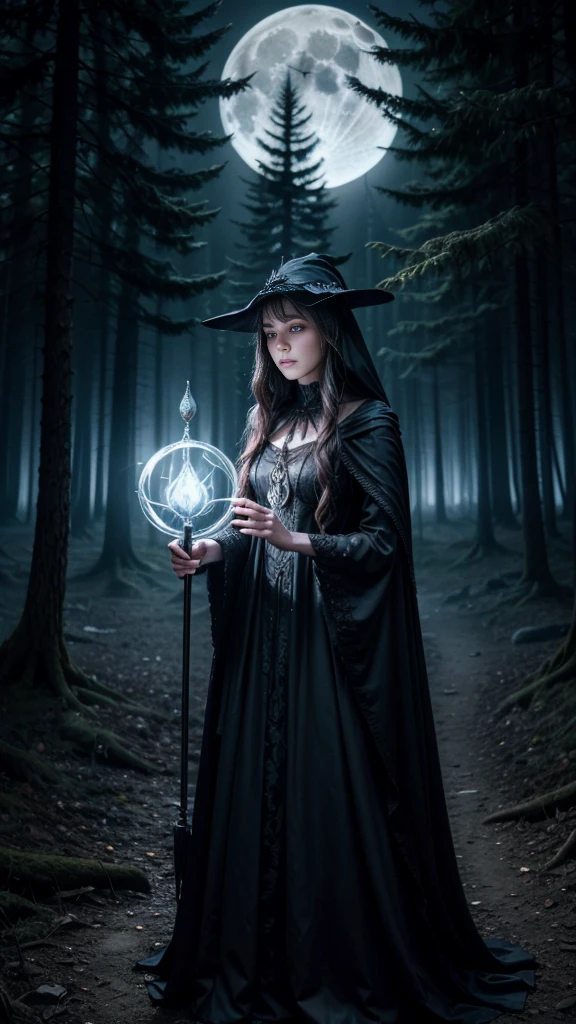 A powerful and mysterious witch standing in a dark, enchanted forest. She wears a flowing black cloak adorned with silver runes and holds a glowing staff. Her eyes gleam with magic as she casts a spell, causing the air around her to shimmer. The forest is filled with twisted, ancient trees, glowing mushrooms, and swirling mist. In the background, a full moon illuminates a gothic tower, adding to the eerie atmosphere.