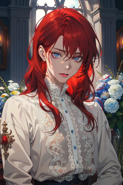 1 man, Realistic, master-piece, bestquality, Beautiful, detailed eyes and detailed faces.,natural light, European retro, White shirt, lace, Long dark grey red hair, blue grey eyes, attractive, depressed, Decorative flowers, sunbeam, 31 years.