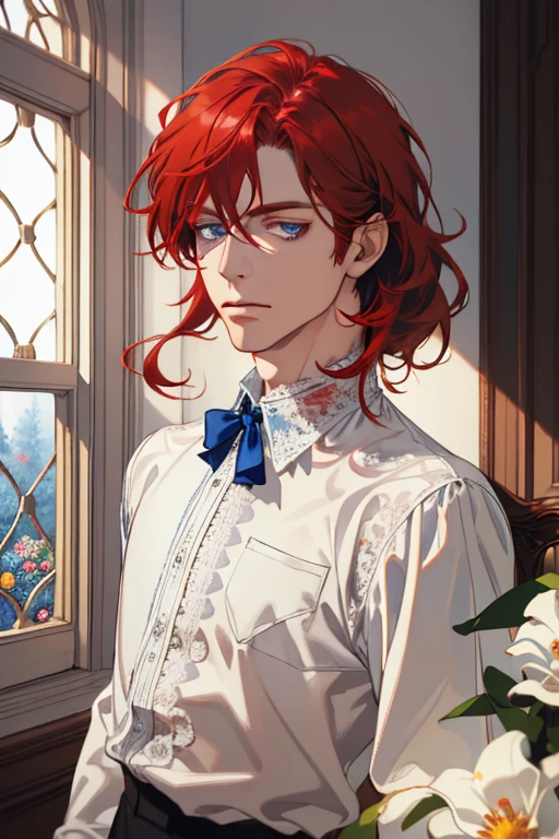 1 man, Realistic, master-piece, bestquality, Beautiful, detailed eyes and detailed faces.,natural light, European retro, White shirt, lace, Long dark grey red hair, blue grey eyes, attractive, depressed, Decorative flowers, sunbeam, 31 years.