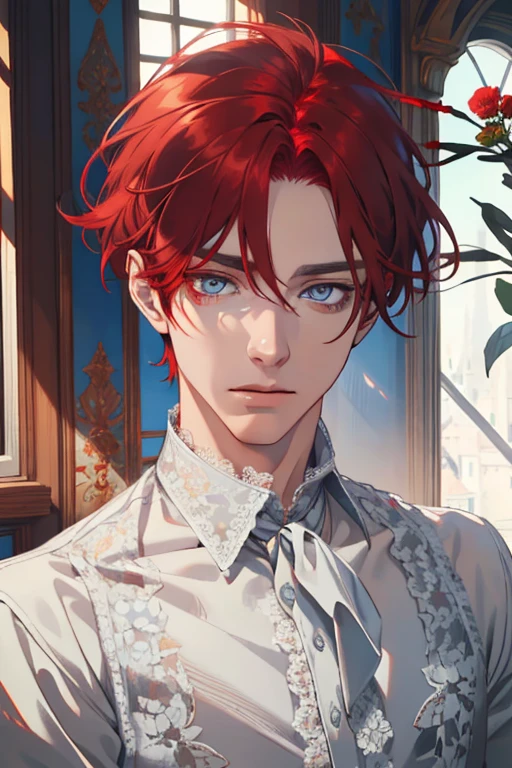 1 man, Realistic, master-piece, bestquality, Beautiful, detailed eyes and detailed faces.,natural light, European retro, White shirt, lace, Long dark grey red hair, blue grey eyes, attractive, depressed, Decorative flowers, sunbeam, 31 years.