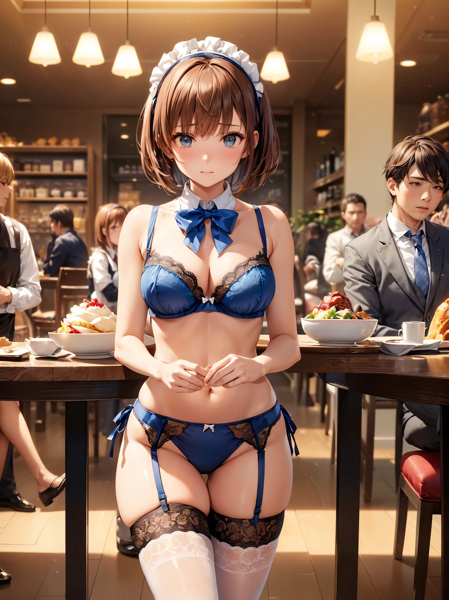 (((masterpiece, Highest quality, High resolution, 超High resolution, Perfect Pixel, Depth of written boundary, 4K, RTTX 10.0))), Beautiful Anime Woman, Beautiful art style, Anime characters, ((Smooth texture, Realistic texture, Anime CG Style)), Perfect and accurate finger count、Exact number of legs、(Exact number of arms:1.0, Exact number of hands:1.0), (Perfect hands, Perfect Anatomy), Cinematic, Realistic, Extremely detailed CG, Daytime lighting, Perfect lighting, Best Shadow, The best natural light, whole body, Perfect body, バランのとれたPerfect body, Perfectly balanced style, Slender body, ((bangs, Reddish brown hair, Bobcut)), ((A cute adult woman is standing facing this way:1.8)), ((Bow tie around neck:1.3), (Sexy and cute magenta underwear:1.3), (Stylish shiny magenta satin panties, Side-tie panties, Panties with plain magenta center and lace decoration on the sides:1.3), (Thin panties:1.3), (Magenta Micro Lace Satin Bra, Magenta bra with lace trim, Thin bra:1.3), (lace garter belt, Garter Strings, Knee socks:1.3):1.3), (Beautiful big boobs:1.1), (Embarrassed expression:1.7), blush, (Stylish restaurant, Many visitors in the background, Inside the crowded store, Tables and chairs filled with male customers, Many men sitting at tables and chairs, The attention men are giving her:1.7), naked, In underwear, パンティとブラとガーターベルトとKnee socksだけ, (White ruffled headband:1.2), Angle from the front