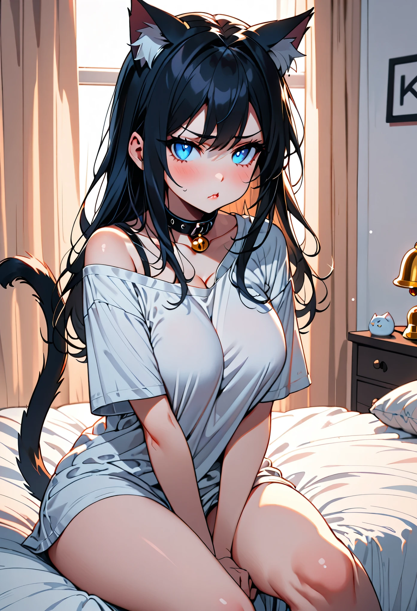 solo female, sitting on bed, oversized t-shirt, large breasts, young, blue eyes, slit pupils, straight long black hair, cat ears, cat tail, confused, morning, w sitting, very cute, curvaceous, close up, parted lips, cleavage, one bare shoulder, hugging knee, resting face on knee