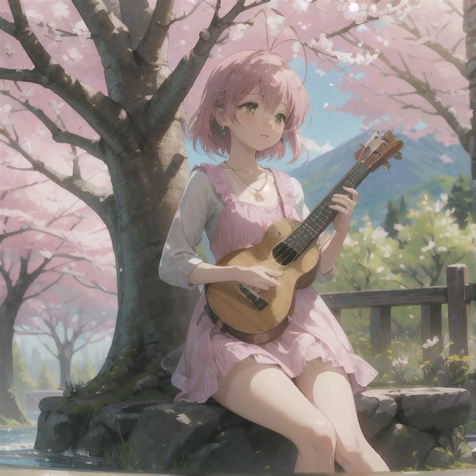 detailed illustration, masterpiece, natural lighting, midday, digital artwork, extremely detailed, cute dress, extremely detailed clothes, forest background, bushes, cherry trees, noon, dusk, spring, fall, natural lighting, girl, perfect anatomy, detailed eyes, blush, small breasts, messy hair, necklace, earrings, legs in pool, wet legs, a lot of small clouds, sitting on rock, pink leaves on ground, mountains in the back, furukawa_nagisa_clannad, playing ukulele, pink under wear, pink panties,pink hair, cherry blossom tree background,playing ukulele, a white cat sit next to her