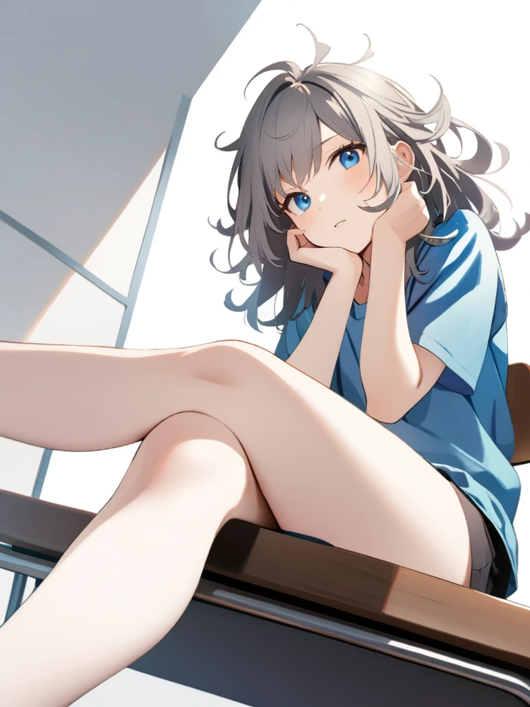 (((Best quality))), ((Ultra-detailed)), ((illustration)), ((Disheveled hair)), ((frilld)), (1 girl), (Solo), crossed_legs, desk, foot_focus, foreshortening, from_below, hand_on_own_face, head_rest, looking_at_viewer, on_desk, sitting, sitting_on_desk, tile_floor, rating:safe,,gray_hair,blue_eyes,