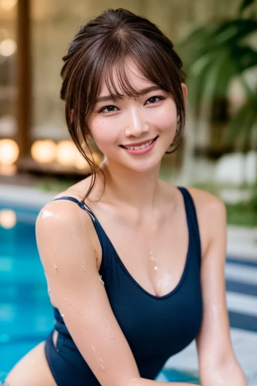 (Best Quality, 8k, Masterpiece: 1.3), Gorgeous Woman, 1 Girl, (黒 One-Piece Swimsuit: 1.2) (Skinny, Healthy, Perfect Body: 1.2), abs: 1.1, Dark Brown Hair: 1.1, (Rain Wet, Wet Body: 1.2), (Night Pool Room: 1.6) Ultra-detailed face, detailed lips, detailed eyes, double eyelids　pubic hair tanned skin　Short Bob　Trimmed bangs, shy smile