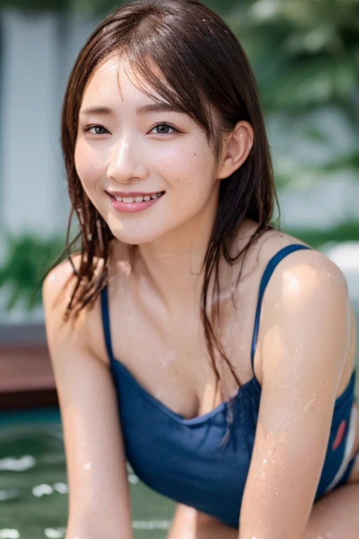 (Best Quality, 8k, Masterpiece: 1.3), Gorgeous Woman, 1 Girl, (黒 One-Piece Swimsuit: 1.2) (Skinny, Healthy, Perfect Body: 1.2), abs: 1.1, Dark Brown Hair: 1.1, (Rain Wet, Wet Body: 1.2), (Night Pool Room: 1.6) Ultra-detailed face, detailed lips, detailed eyes, double eyelids　pubic hair tanned skin　Short Bob　Trimmed bangs, shy smile