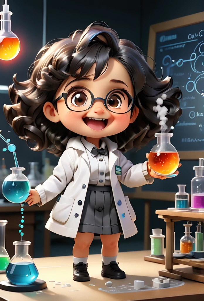(((Chibi Baby UHD)))Chemistry  MASCOT and , atoms, Molecules ,Has black hair , Blind box style and model with popular market style, The sunlight shines, , hyper qualit, sharp features, Ultra HD and 8K resolution,Cool Hand Drawn Illustration，fly away (Inside out disgusting), Create a series of best quality cute chibi dolls,ultra details,realisitic,Science Laboratory,Chemical experiment,ultra HD, chemical equipment,scientists working,cups,UHD Bunsen Burner ,Microscope,laboratory glassware,measuring cylinders,labcoats,Round nerd glasses ,science books,Periodic table,scientific research,discoveries,new inventions,innovation,aprendizagem,education,Scientific culture wears coat with details of buttons and brooches , her coat is charming and cute with ultra chemical details ,Curiosidade,Technological advancements,swirly vibrant colors,soft lighting,modern laboratory,nerdy atmosphere,laboratory instruments,hypothesis testing,Scientific method,symbolic representation,Critical thinking,experiments ,precision,precision,Intricate details,impressive scientific setup,natural elements,exploration of the mysteries of science,unlocking the secrets of nature. Baby chibi is happy and excited, remember to use chemical laboratory glassware, The chalkboard behind the cute chibi baby is written the structure of caffeine in white chalk 18K UHDBlack hair, very long hair, American propaganda poster, shine light, 3D rendering, Riso, 