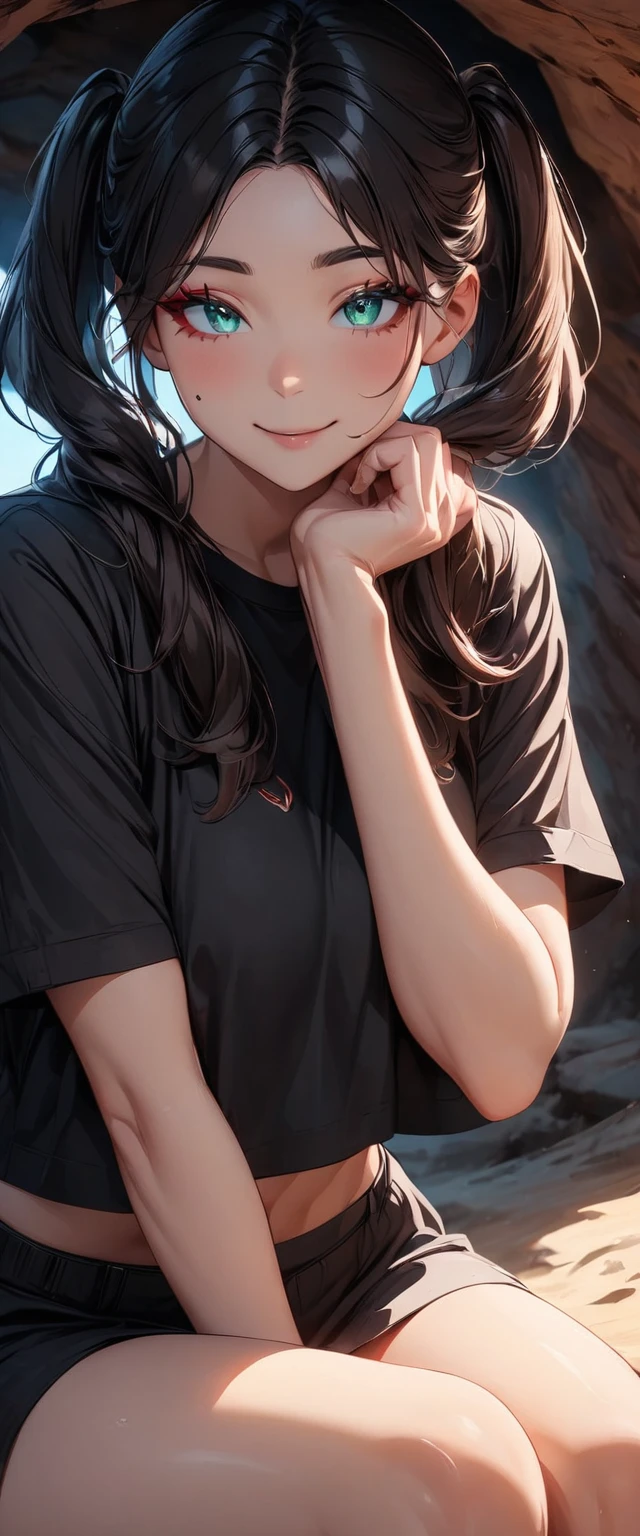 Photo of a girl with natural skin, ((Baby Face)), Smiling, ((Sitting, Leaning forward, Cheek resting on hand)), From the side, Round face, A girl wearing mainly black and red, ((Upper Body)), Beach cave, The light is shining in, High Twintails, Black hair with red mesh, Sharp eyes with red eyeshadow, Blue-green eyes, Shining eyes, A thin, upturned nose, Well-shaped lips, ((crop top overhang, Short sleeve, Black clothes, Thighs, Glamour body)), Makeup, Exquisitely crafted with the utmost attention to detail, Vibrant, amazing, Smooth, Cinematic, 4K, Backlight, (()), Shallow depth of field, ((Detailed eyes:1.3, Detailed lips:1.3, high quality, )), masterpiece, Super detailed images, High quality