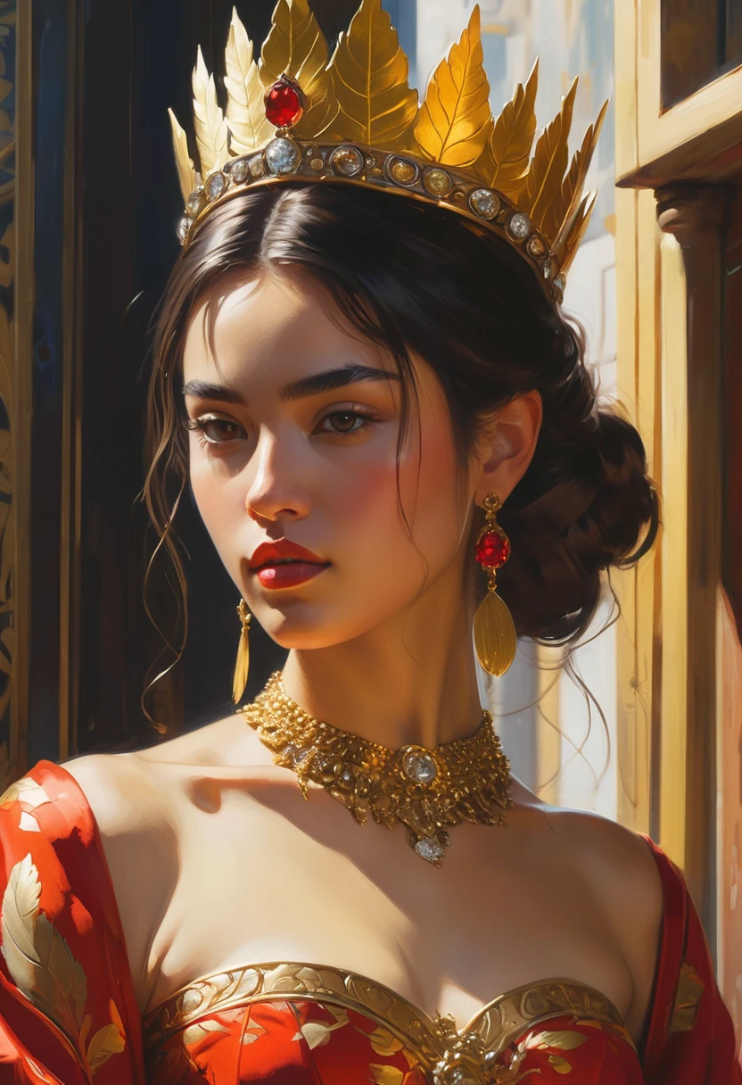 (gold leaf art:1.5), (oil paint art:1.2), (oil painting on canvas), (extremely detailed CG unity 8k wallpaper), full shot body photo of the most beautiful artwork in the world, medieval queen, red vale, zendaya face, zendaya body, golden crown, diamonds, thin pieces of gold leaf glued on places of gold decorations, medieval architecture, professional majestic oil painting by Ed Blinkey, Atey Ghailan, Studio Ghibli, by Jeremy Mann, Greg Manchess, Antonio Moro, trending on ArtStation, trending on CGSociety, Intricate, High Detail, Sharp focus, dramatic, cleavage, short skirt