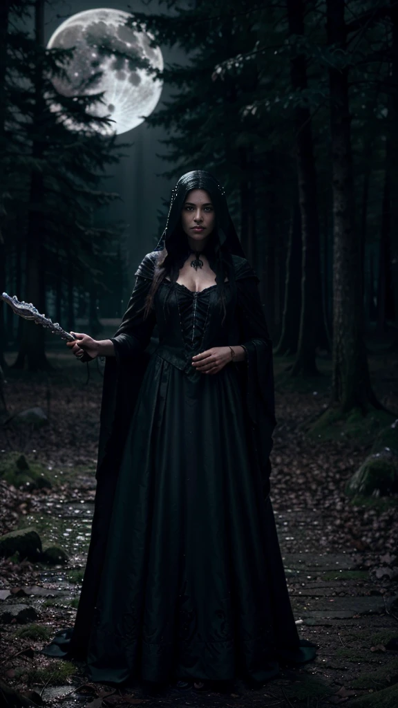 A powerful and mysterious witch standing in a dark, enchanted forest. She Looks pretty  a flowing black cloak adorned with silver runes and holds a glowing staff. Her eyes gleam with magic as she casts a spell, causing the air around her to shimmer. The forest is filled with twisted, ancient trees, glowing mushrooms, and swirling mist. In the background, a full moon illuminates a gothic tower, adding to the eerie atmosphere.