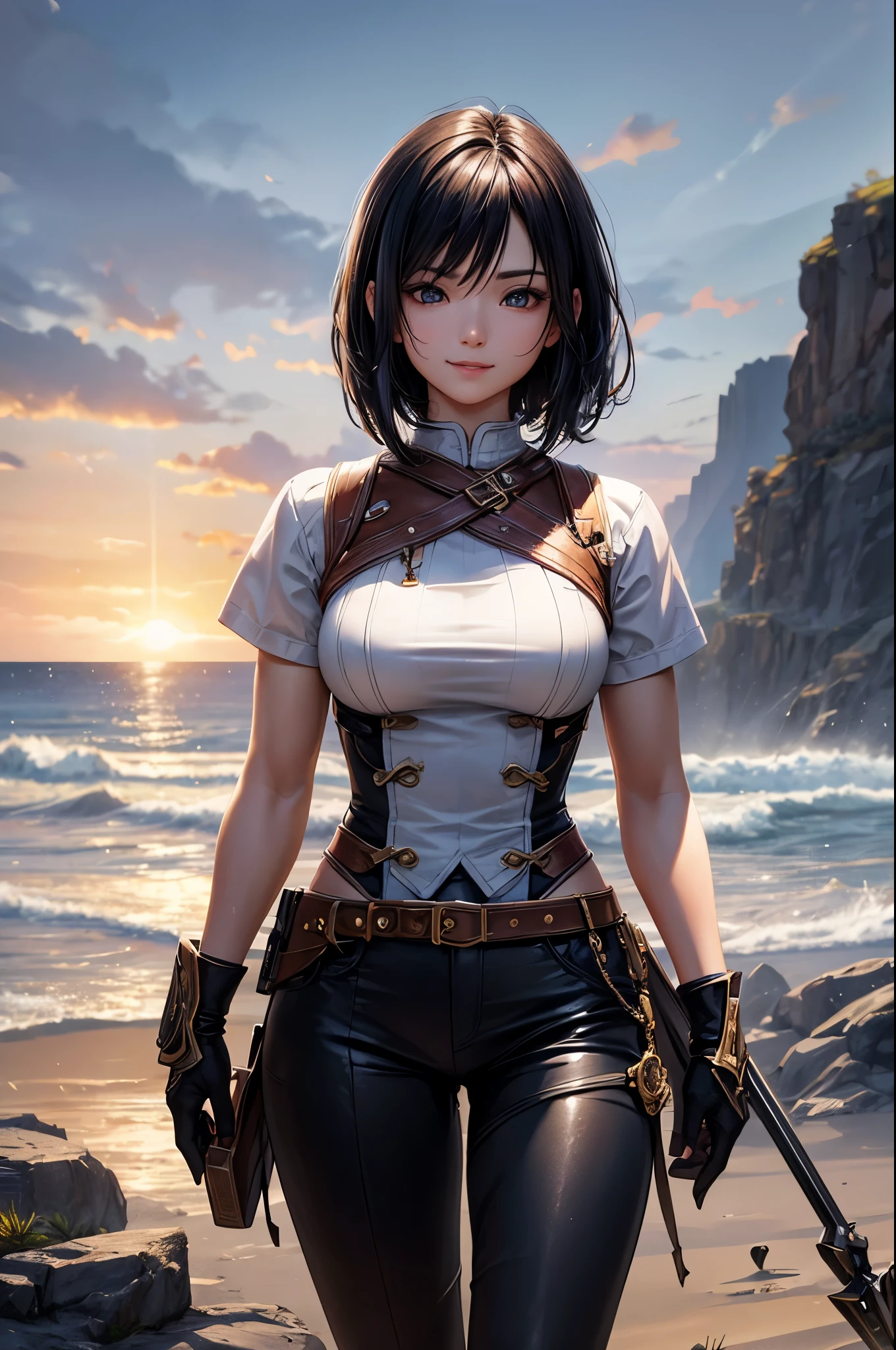 8k、alone,16 year old big breasted beauty,Super Beauty(Like the real thing),Iris,super beautiful ager,Black short bob hair,黒と赤のSexy Exterior,Black trousers,Golden decoration,Demon Slayer: Androgynous Beauty,A wonderful work of art、Wind effects:1.9、Cloud Effect:1.2、Full Rendering,Unreal Engine、Ultra-high resolution,super 超Realistic Skin,Ultra-precise hand-crafted detailing,smile,Photorealistic RAW photos of the highest quality。Backlight, Cinema Lighting, Film Grain, 50mm lens, Nikon D850,Realistic Skin,Fantasy art,Character Art,Ultra-high resolution,Muscular and slim body,Muscular and lean lower body,Precise facial details,What&#39;s left behind,Perfect hands,Cool sexy beauty,landscape,Extremely ripped abs,Muscular Beauty,Very large breasts,Sexy Exterior,Wide open chest,Body balance,smile,Makeup,Accentuate your cleavage,Dynamic fighting pose,
