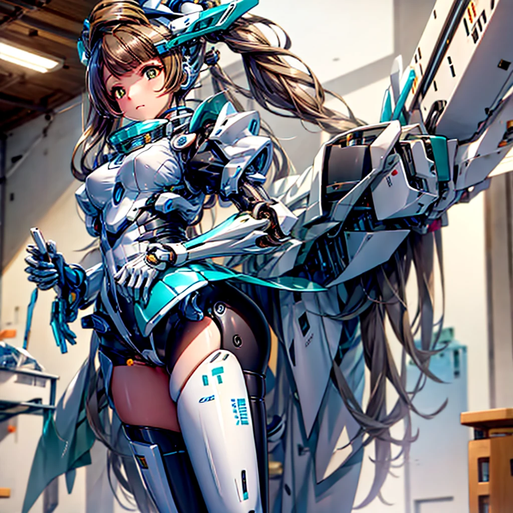 masterpiece, high quality, During the surgery to convert the machine、Minami Kotori, who has been turned into a mechanical body cyborg、Surgery to convert to a gynoid cyborg body with exposed mechanical parts、Blue and white leotard-type mechanical armor、The whole body from the neck down is precision-machined.、Single image、Full-body shot from the front